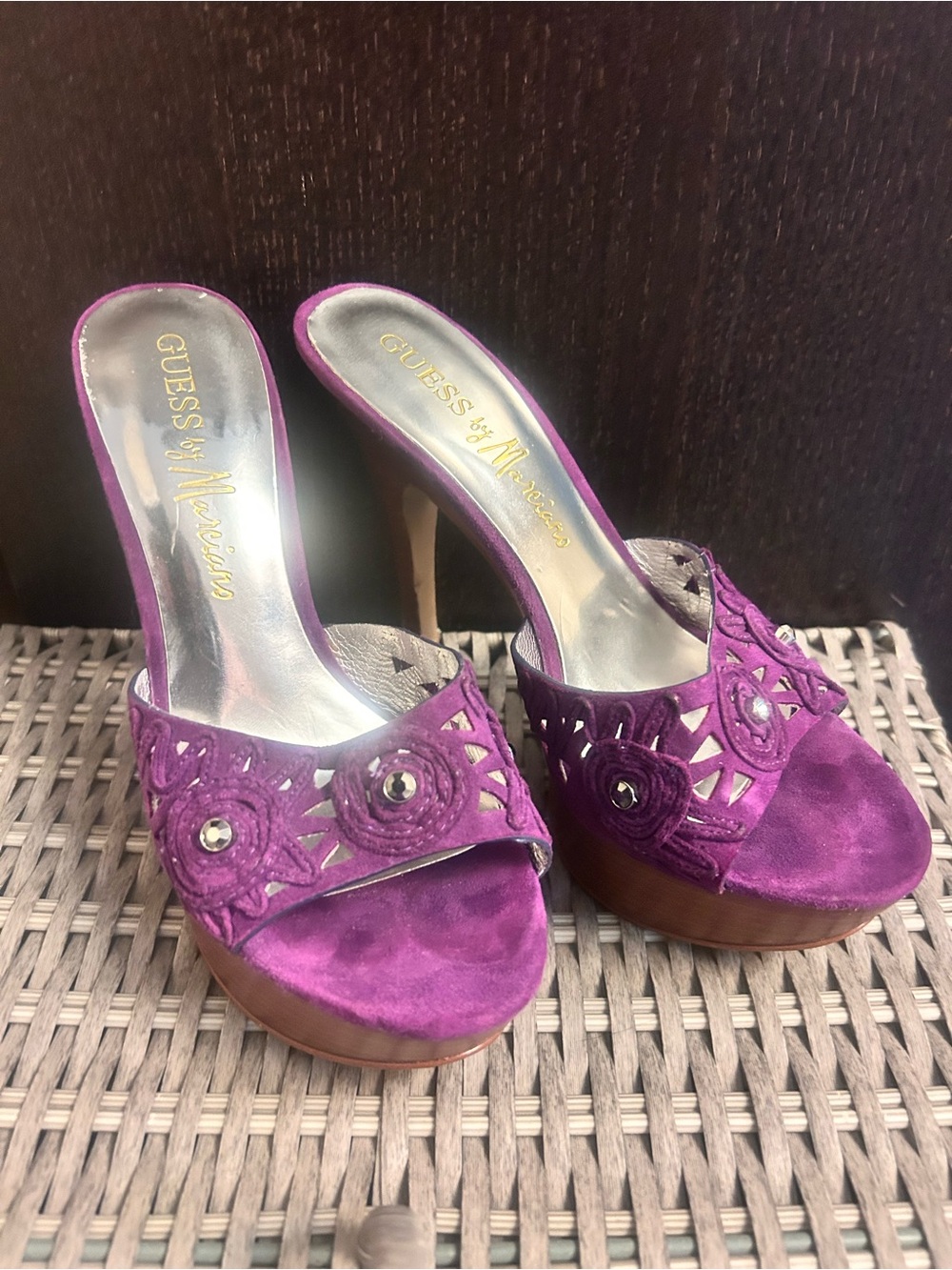 Guess Purple Suede Platform Open-Toe Heels
